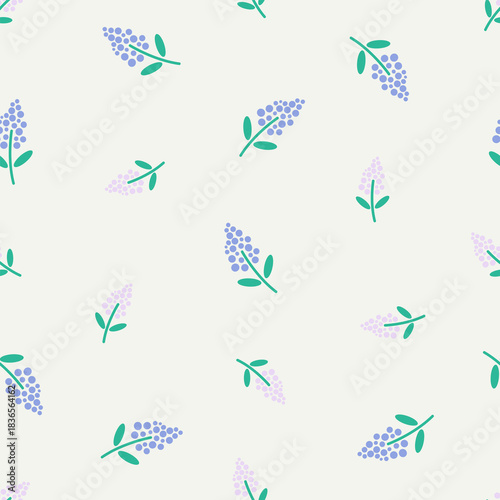 Lavender and leave seamless pattern for the spring or summer season. Purple flowers botanical with heart for fabric, scrapbooking, stationery, cards, wrapping, textiles and wallpaper.