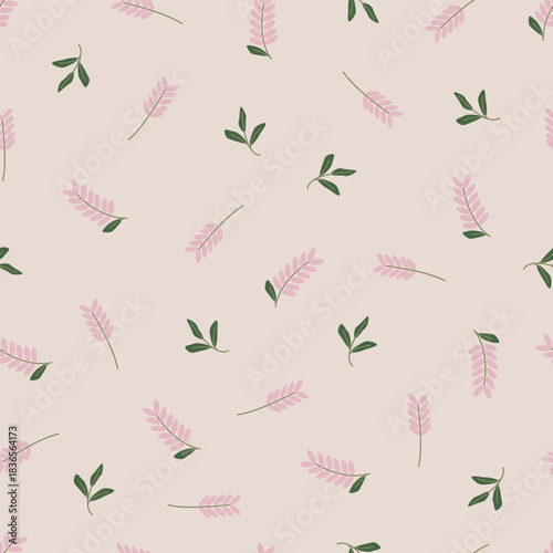 Lavender and leave seamless pattern for the spring or summer season. Purple flowers botanical with heart for fabric, scrapbooking, stationery, cards, wrapping, textiles and wallpaper.