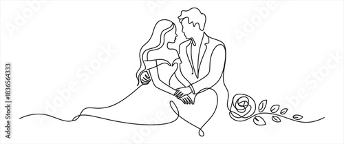 Romantic wedding couple in love line art drawing design