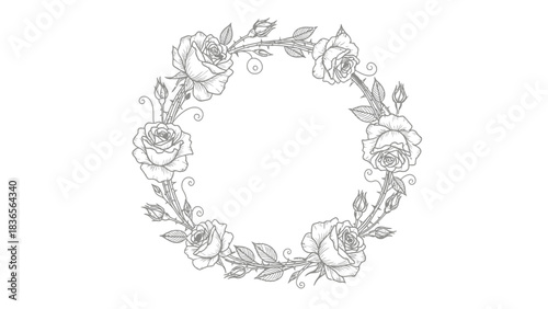Elegant hand drawn floral wreath with roses and leaves for wedding invitations and cards