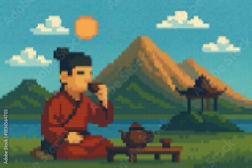Pixel art tea ceremony. Retro, tea, plant icons in pixel style.