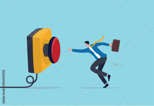 Push button call for emergency help, control or launch rocket, start new business or launch start up company concept, cautious businessman running in hurry to push red emergency button