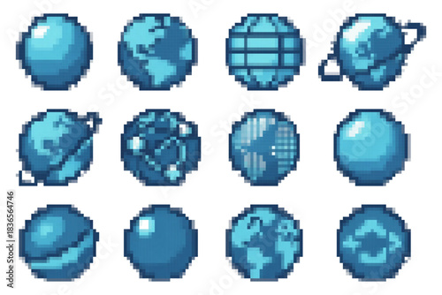 Pixel art globe icons set for global business and communication. 8-bit world symbols representing internet, network, and teamwork.