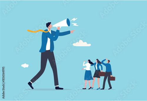 Dominant leader, bossy manager using authority power to order and control employee to work, contrast and conflict management concept, giant businessman manager using megaphone to order employee. 