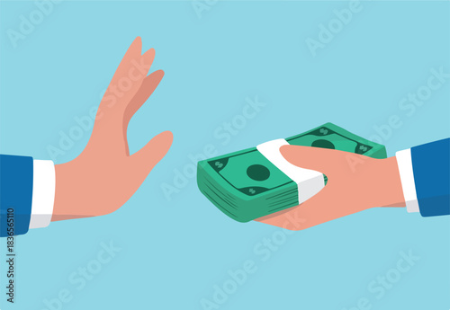 Stop Corruption, refusing to take bribery money concept, honest businessman hand refuse to take illegal money banknotes.