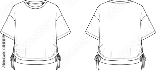 Girls short-sleeve drawstring top technical flat sketch with side ruching, relaxed fit silhouette, and detailed vector sewing pattern illustration