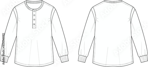 Kids long-sleeve henley shirt technical flat sketch with button placket, rib cuffs, and detailed sewing pattern vector illustration for designers