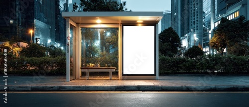 Empty modern bus stop with blank billboard and city skyline at dusk