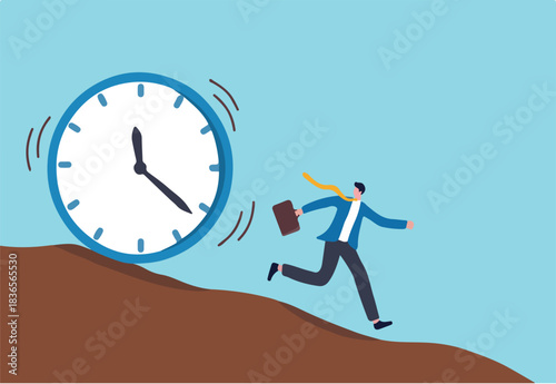 Run out of time, work deadline, time countdown or time management concept, tried businessman running away from falling rolling huge clock down hill.