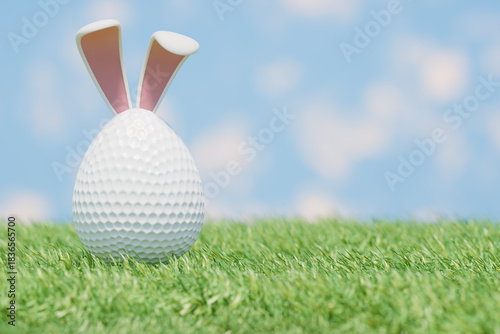 Photography Easter golf ball with bunny ears on grass celebrating easter holiday