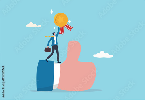 Employee of the month, great manager or success staff winning award, staff appreciation or best office worker concept, success businessman manager celebrating employee award on big thumb up symbol.