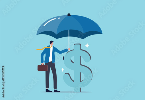 Income protection insurance, protect money or investment wealth, secure savings in economic crisis concept, confidence businessman holding big umbrella covered dollar sign money