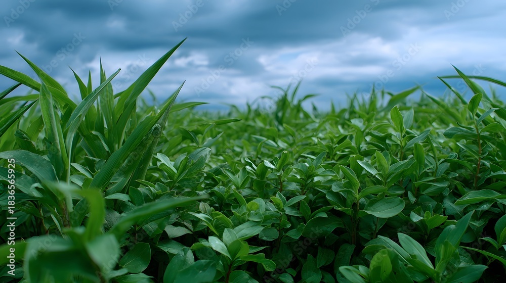 Fototapeta premium Lush green vegetation stretches towards a dramatic cloudy sky