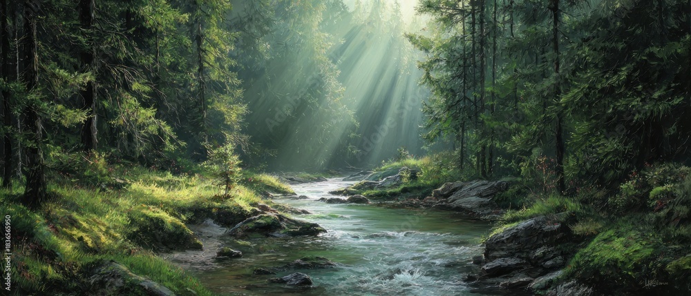 Fototapeta premium Ethereal sunbeams illuminating a tranquil forest stream through verdant pine trees and lush greenery