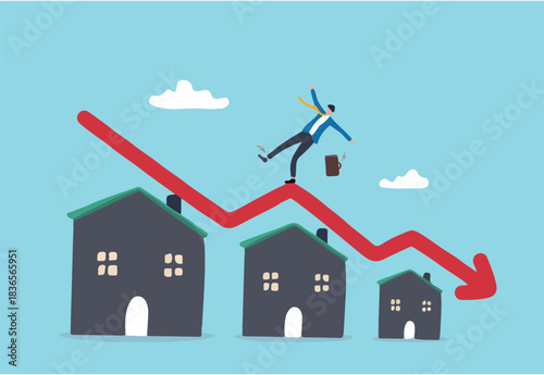Housing price falling down, real estate and property crash, value drop or decline, home loan or mortgage risk concept, businessman investor home owner falling on decline falling down housing graph. 