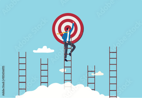 Ladder of success to reach goal or target, challenge to achieve goal, strategy or motivation to win competition, ambition or aspiration concept, businessman climb up the right ladder to reach goal