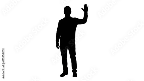Minimalist silhouette of a person raising a hand in a dark, empty space symbolizing communication or voting