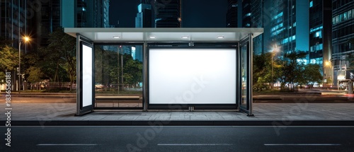 Modern bus stop shelter with blank billboards in an illuminated urban city at night, showcasing architectural glass and vibrant streetlights