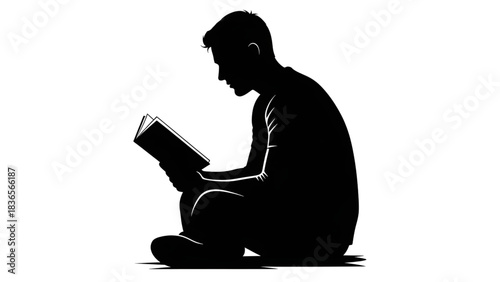Contemplative silhouette of a person sitting peacefully while deeply engrossed in reading a book against a dark backdrop