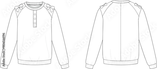 Sweatshirt CAD, technical flat sketch with shoulder bows, button placket, long sleeves, rib cuffs, kidswear garment design vector illustration