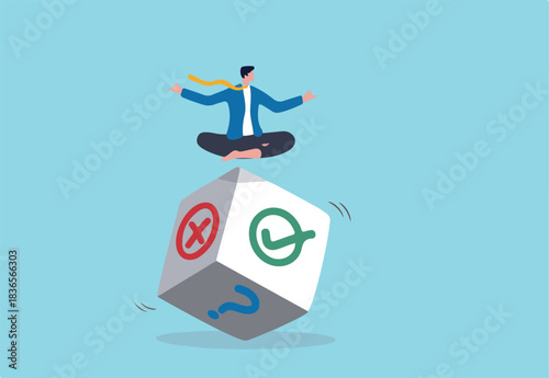 Business decision, chance and uncertainty to win business, risk, randomness or luck, advice or suggestion concept, businessman meditate on rolling dice think of result of right, wrong or question mark