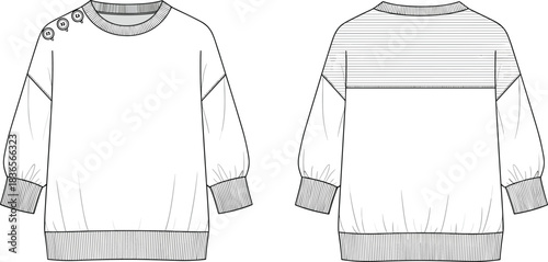 Sweatshirt fashion CAD, technical flat sketch with button shoulder detail, long sleeves, rib cuffs, back yoke lines, apparel design illustration