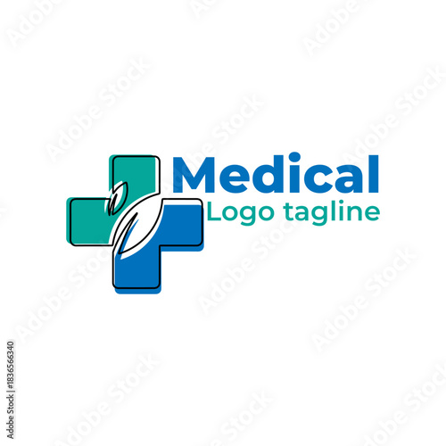 Healthcare Medical Logo. White Cross Sign and Green Leaves Icon Combination isolated on White Background. Flat Vector Logo Design Template Element.