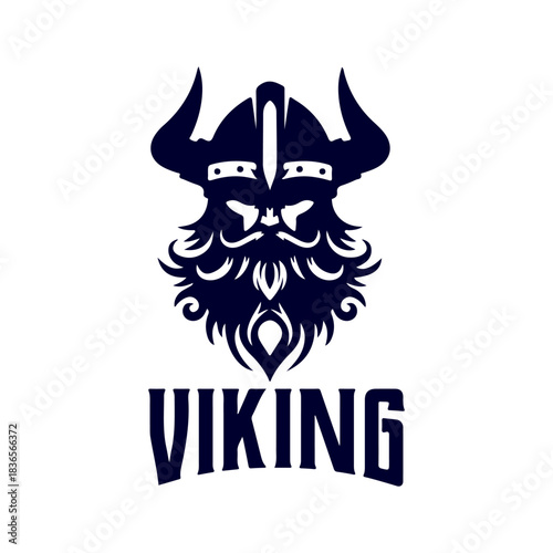 Viking logo design. Nordic warrior symbol. Horned Norseman emblem. Barbarian man head icon with horn helmet and beard. Brand identity vector illustration.
