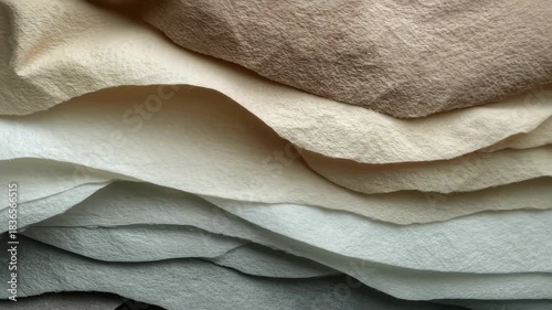 Layers of textured paper showcasing various neutral tones and shades in a decorative arrangement
