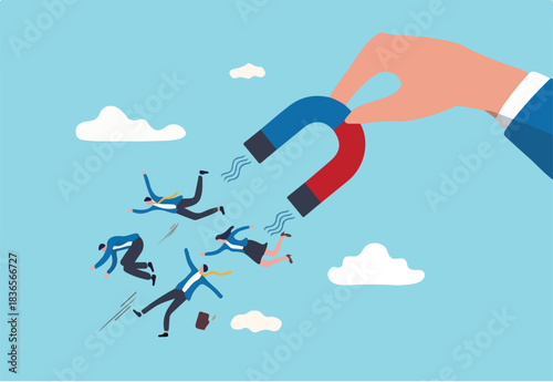 HR, Human resource recruiting candidates or talents, marketing to attract or draw new customers or leadership and charm concept, big employer hand using magnet power to draw new people employees