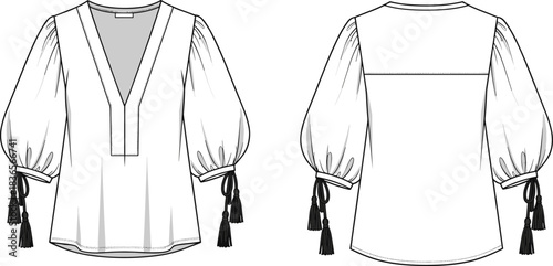 Women's tassel-sleeve blouse technical fashion sketch, V-neck boho garment CAD drawing, flat vector illustration, apparel design template, stylish clothing blueprint for designers