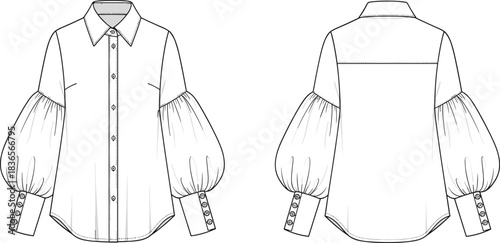 Women's puff-sleeve button-down shirt technical fashion sketch, structured cuff garment CAD drawing, flat vector illustration, apparel design template, elegant clothing blueprint for designers