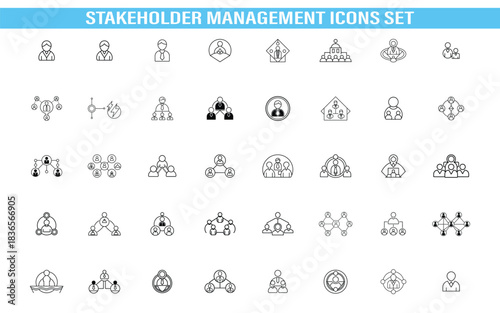Stakeholder Management Outline Vector Icon Set – Business Relations, Communication, Leadership, Strategy and Partnership Line Art Collection