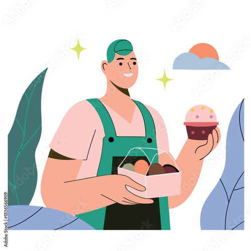 A man is holding a box of cupcakes and smiling. The image has a happy and cheerful mood