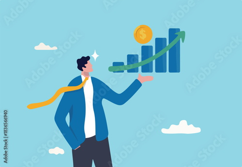 Investment profit growth, financial advisor or wealth management, make money to get rich or increase earning or income concept, confidence businessman investor holding big rising profit growth graph.