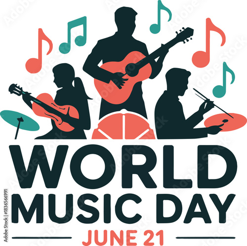 World Music Day June 21 graphic with musicians and notes guitar