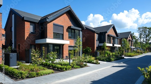 Charming brick homes under clear blue sky high resolution picture