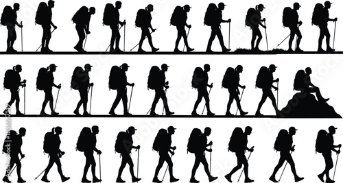 Backpacking Trekking Hiking Silhouettes Sequence Black and White Outline Vector Illustration Set Isolated on White Background for Outdoor Adventure and Sports Travel Design Elements.