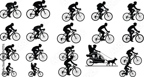 A collection of vector silhouettes depicting diverse cyclists engaged in various racing and leisure activities, including road bicycles, mountain bikes, and a unique dog-pulled carriage ride, 