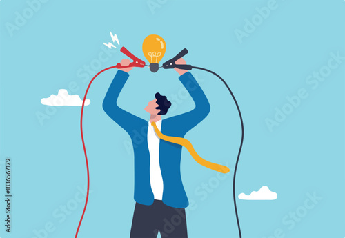 Jump start new business idea, knowledge to solve problem or creativity to think about solution concept, businessman connect electricity to lightbulb idea to lit up bright metaphor of solution idea