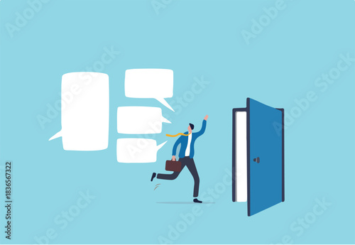 Exit interview, employee feedback before leaving or resignation, staff suggestion to HR human resources concept, resigned businessman employee about to leave the door with interview conversation.