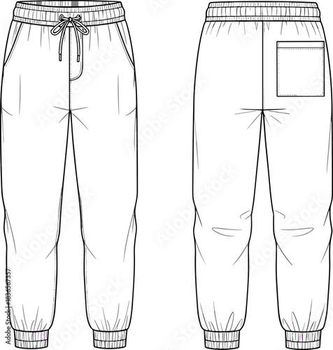 Unisex jogger pants technical fashion sketch, elastic-waist cuffed garment CAD drawing, flat vector illustration, apparel design template, casual clothing blueprint for designers