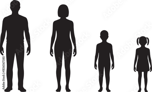 Silhouettes of a family including a father mother son and daughter standing together against a white background