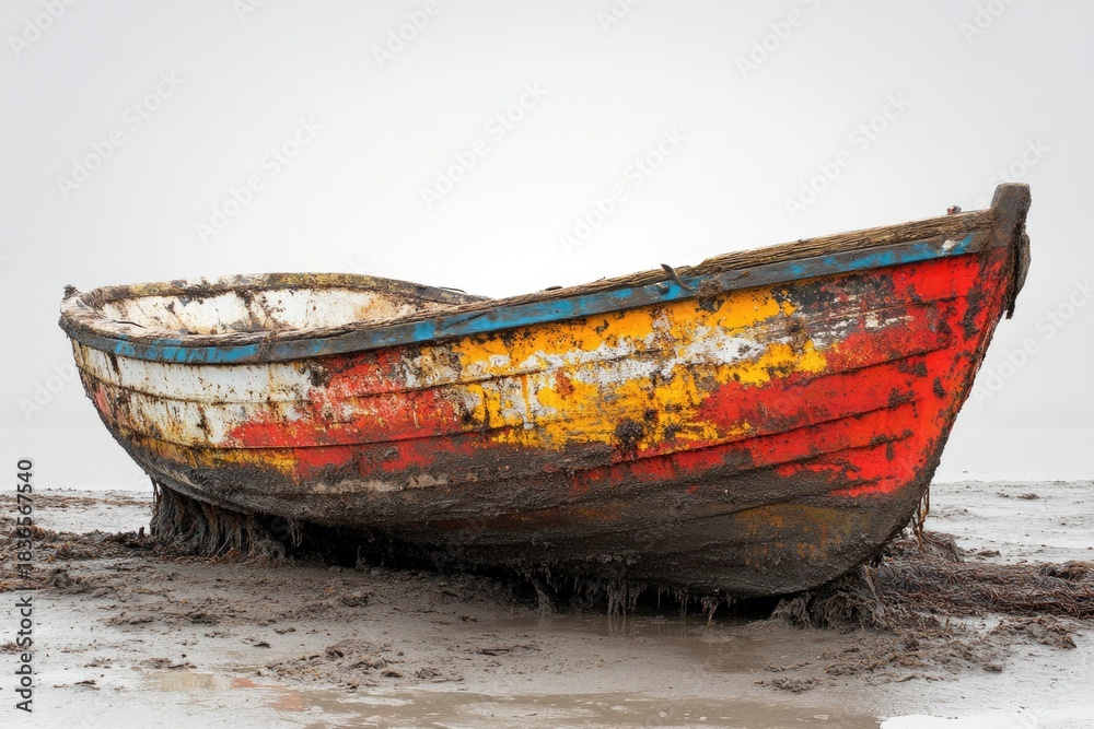 Fototapeta A vibrant, weathered wooden boat, painted in peeling red, yellow, and white, lies abandoned on a muddy beach under a calm sky.