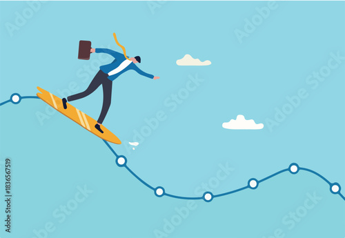 Survive in stock market volatility, professional to smooth ride in market downturn, recession, investment fluctuation or market up and down, confidence businessman surfing on stock market wave chart. 