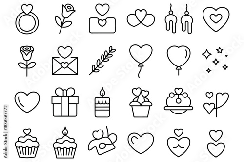 Set of various black outline love and romance icons including hearts, gifts, balloons, and cupcakes isolated on