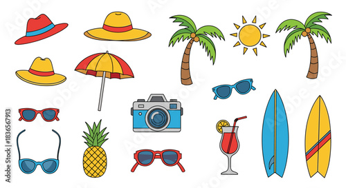 Bright and colorful collection of cartoon summer and beach vacation icons, including a camera, pineapple, surfboard, and tropical drink.