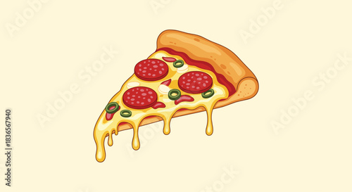Delicious pixel art slice of pepperoni and jalape�o pizza with melted cheese dripping down, presented on a light-colored background.