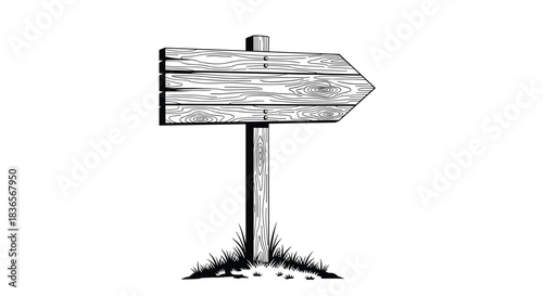 Vintage hand-drawn illustration of an old wooden arrow signpost with a textured wood grain, isolated on a clean white background.