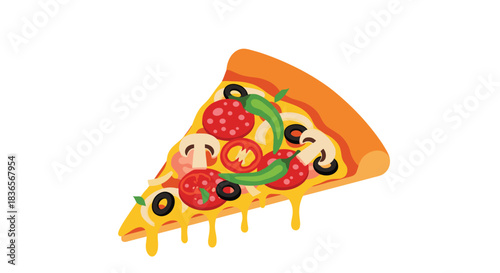 Cartoon slice of pizza loaded with toppings like pepperoni, mushrooms, tomatoes, olives, and green chili peppers with dripping cheese.